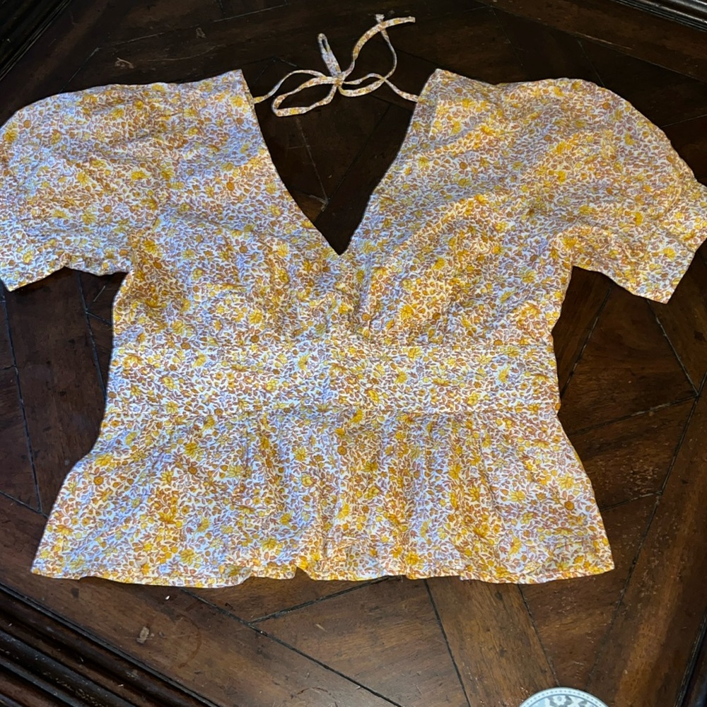 J. CREW brown yellow floral peplum Blouse Shirt top 12 new nwt double n neck tie